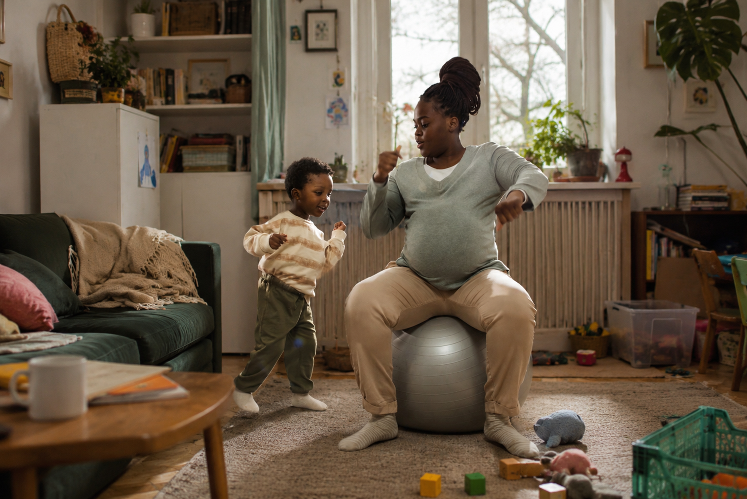 une femme enceinte dansant assise sur un ballon de grossesse à côté de son petit garçon dans un salon